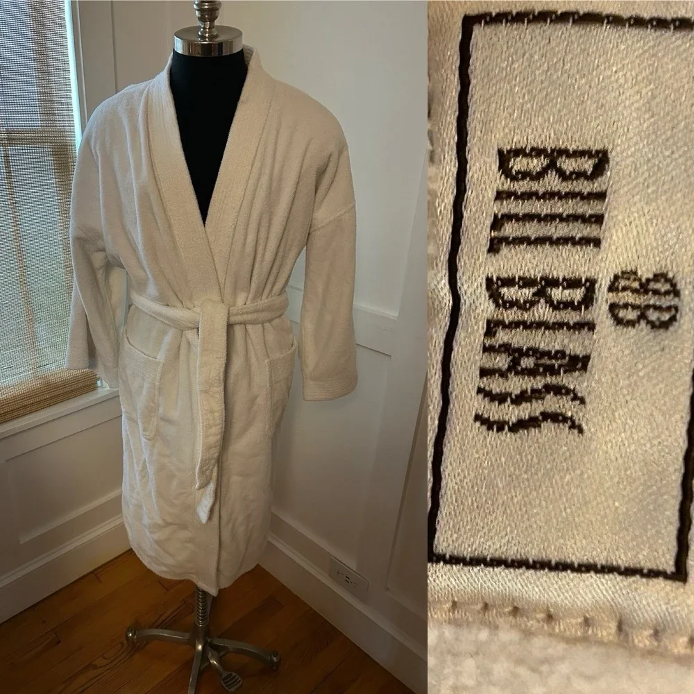 Vintage Bill Blass Robe Men One Size Belted Pockets Terry 100% Cotton  WHITE